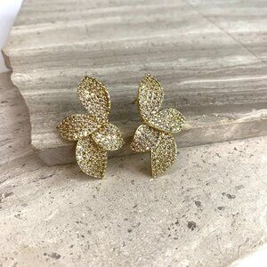 NEW~ Anthropologie Shashi Twisted Leaf Pave Crystal Gold Earrings